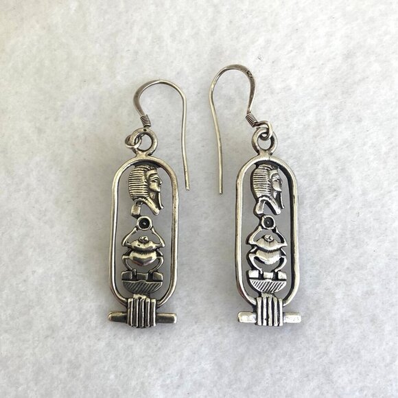Sterling Silver 925 Egyptian Amulet Hieroglyph Scarab Cartouche Dangle Earrings - Picture 6 of 16